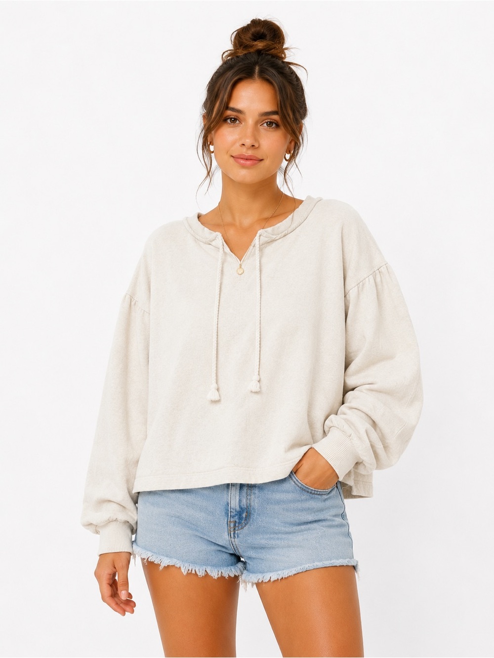 Aerie Easy Street Oversized Peasant Boho Sweatshirt Cream White Size Large